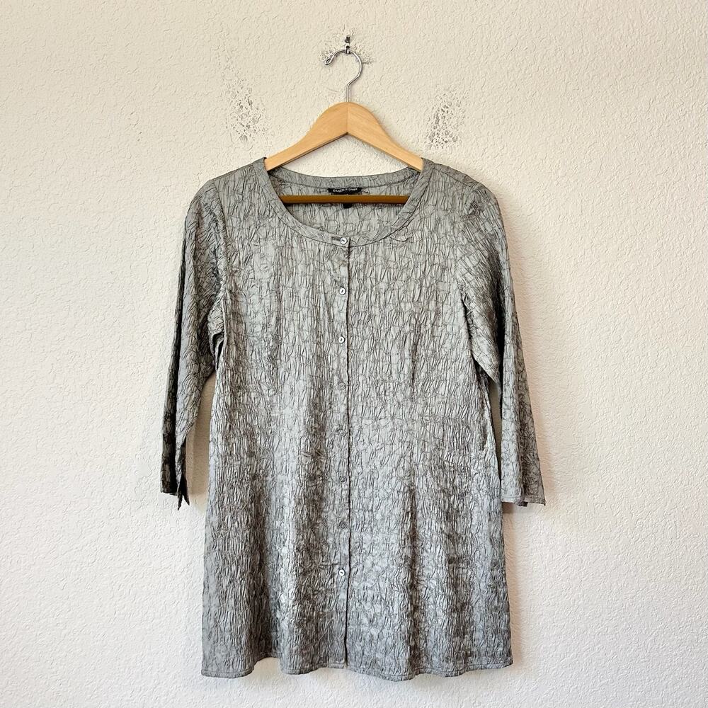 EILEEN FISHER Silk Tunic Blouse Gray Satin Crinkled Textured Minimalist
